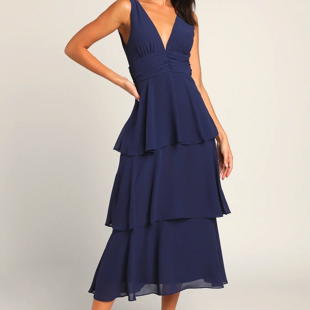 Lulu's Celebration Time Navy Blue Sleeveless Tiered Midi Dress